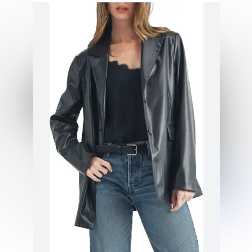 Black Faux Leather Polyester Black Blazer. Size S